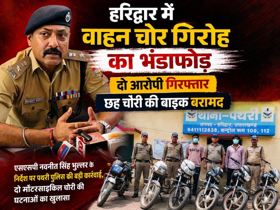 हरिद्वार में वाहन चोर गिरोह का भंडाफोड़, दो आरोपी गिरफ्तार, छह चोरी की बाइक बरामद