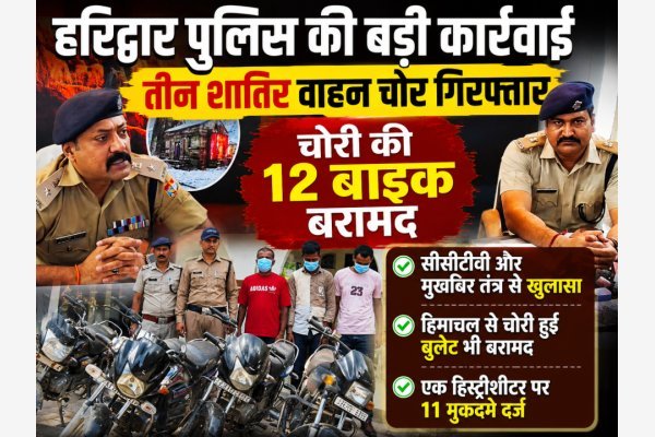 हरिद्वार पुलिस की बड़ी कार्रवाई: तीन शातिर वाहन चोर गिरफ्तार, चोरी की 12 बाइक बरामद