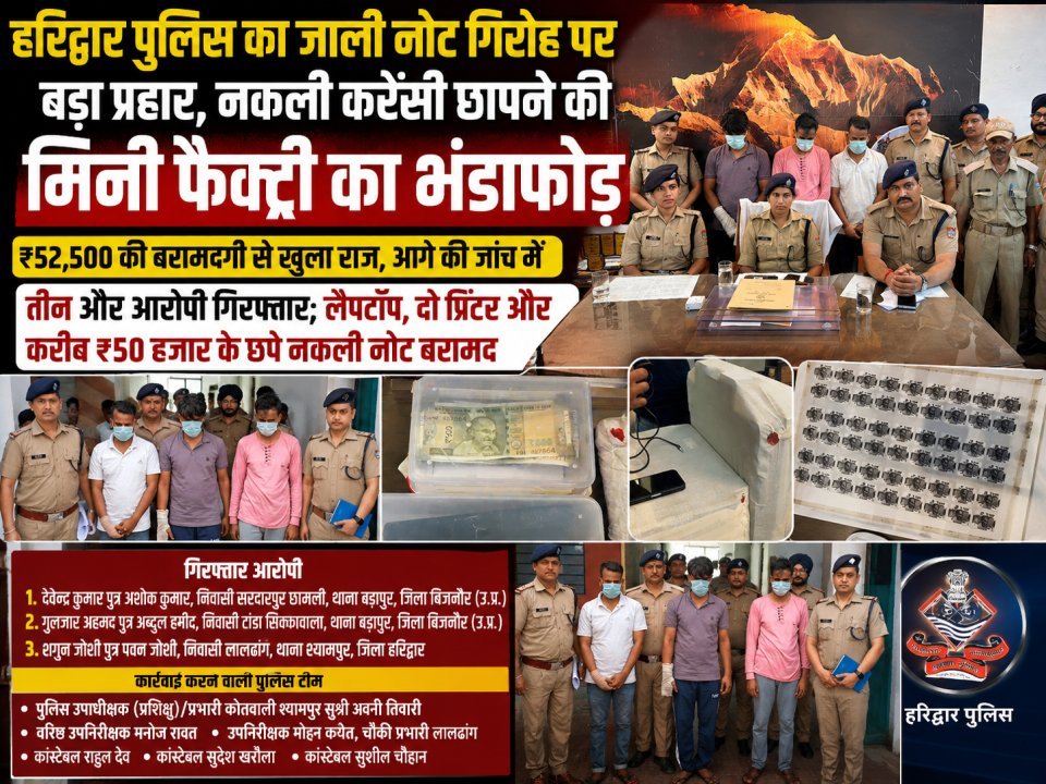 हरिद्वार पुलिस का जाली नोट गिरोह पर बड़ा प्रहार, नकली करेंसी छापने की मिनी फैक्ट्री का भंडाफोड़