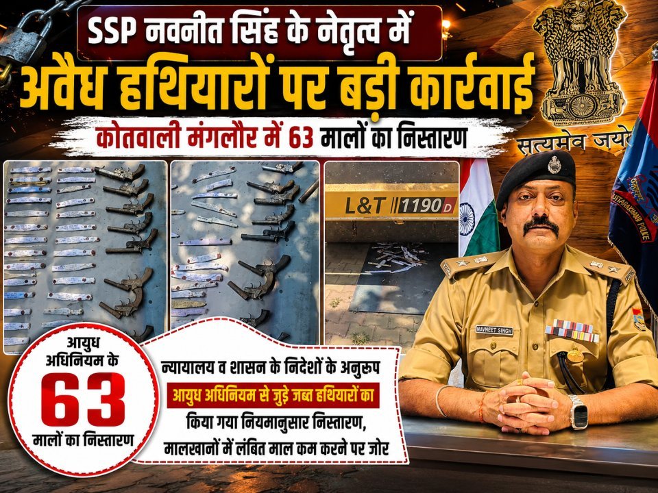 SSP नवनीत सिंह के नेतृत्व में अवैध हथियारों पर बड़ी कार्रवाई, कोतवाली मंगलौर में 63 मालों का निस्तारण