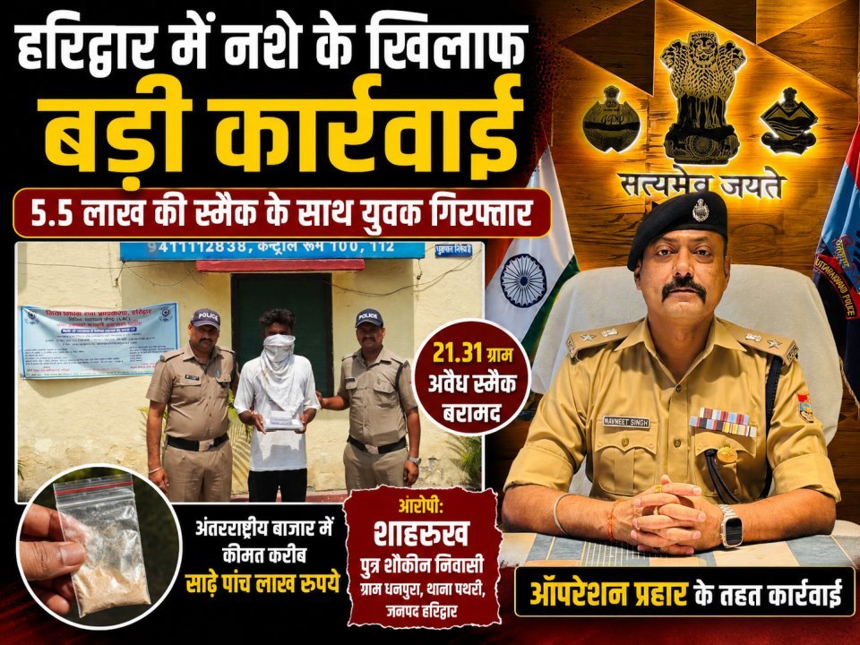 हरिद्वार में नशे के खिलाफ बड़ी कार्रवाई: 5.5 लाख की स्मैक के साथ युवक गिरफ्तार