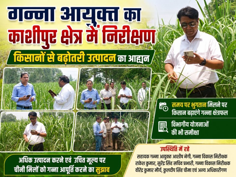 गन्ना आयुक्त का काशीपुर क्षेत्र में निरीक्षण, किसानों से बढ़ोतरी उत्पादन का आह्वान