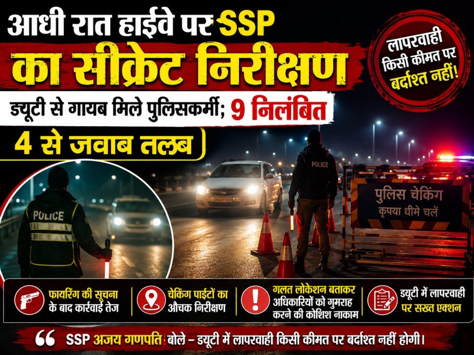 आधी रात हाईवे पर SSP का सीक्रेट निरीक्षण, ड्यूटी से गायब मिले पुलिसकर्मी; 9 निलंबित, 4 से जवाब तलब