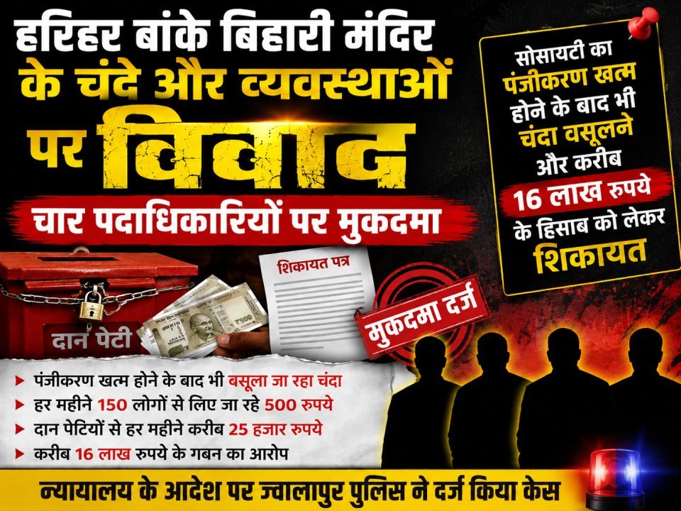 हरिहर बांके बिहारी मंदिर के चंदे और व्यवस्थाओं पर विवाद, चार पदाधिकारियों पर मुकदमा