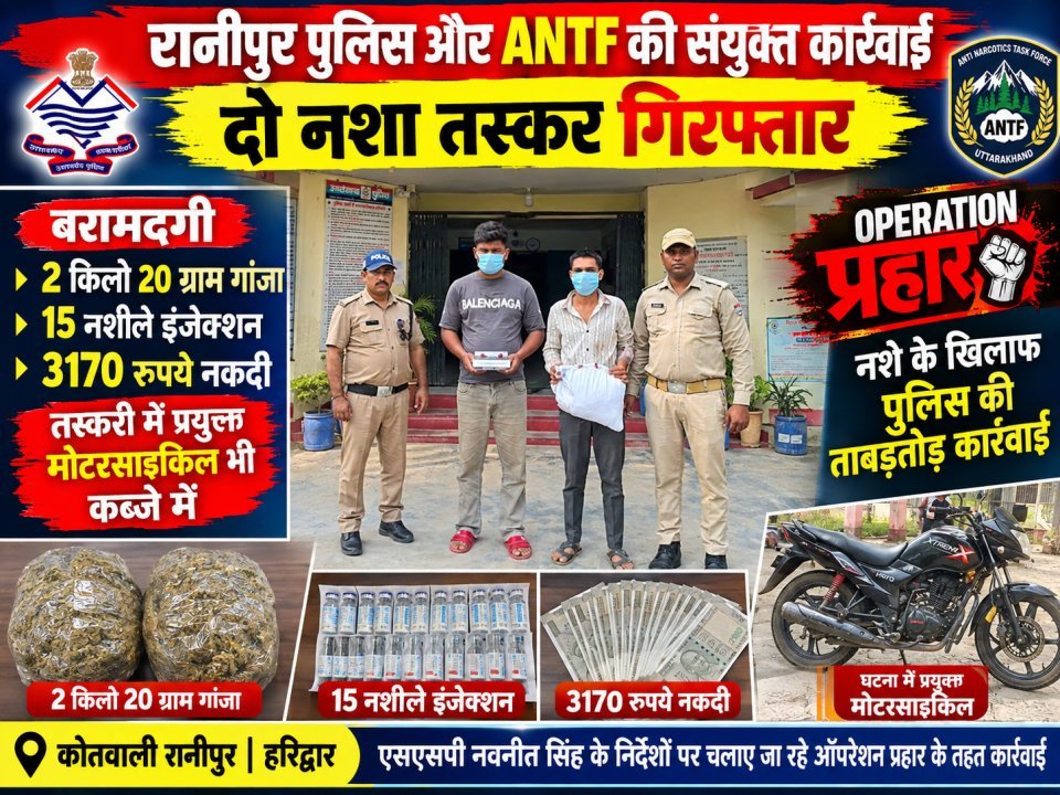 रानीपुर पुलिस और ANTF की संयुक्त कार्रवाई, दो नशा तस्कर गिरफ्तार